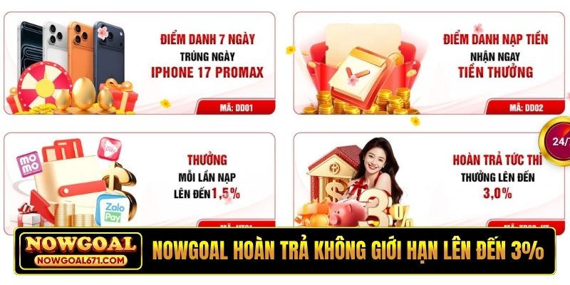 Nowgoal hoàn trả không giới hạn lên đến 3%
